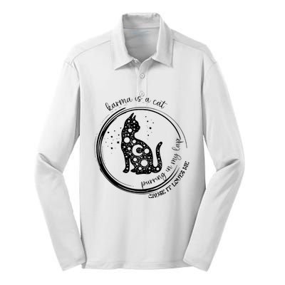 Karma Is A Cat Funny Aesthetic Cat Silk Touch Performance Long Sleeve Polo