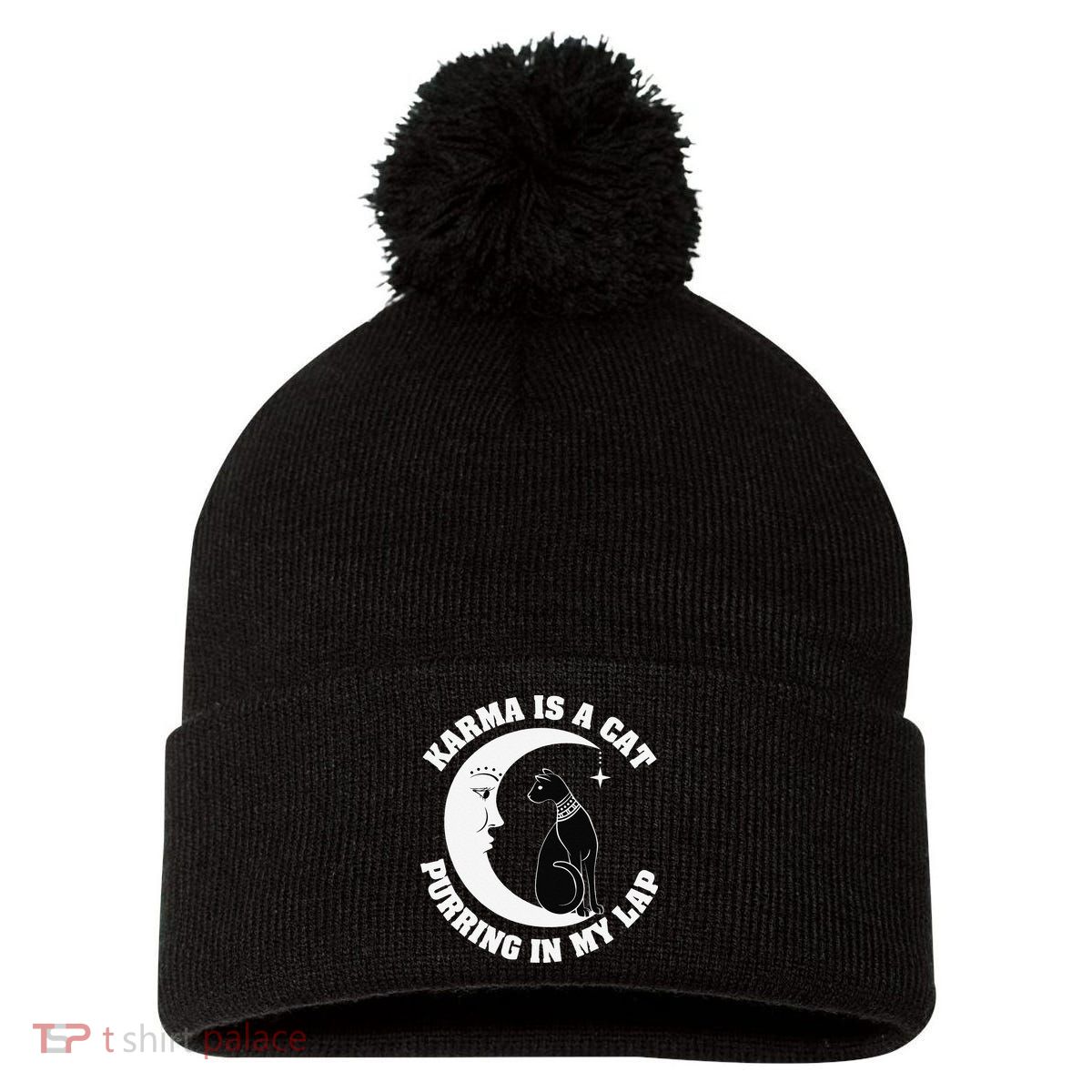 Karma Is A Cat Purring In My Lap Pom Pom 12in Knit Beanie