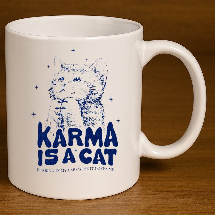 karma is a cat purring in my lap cause it loves me 11oz C Handle Ceramic Mug