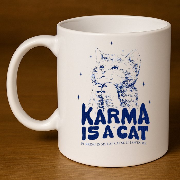 karma is a cat purring in my lap cause it loves me 11oz C Handle Ceramic Mug