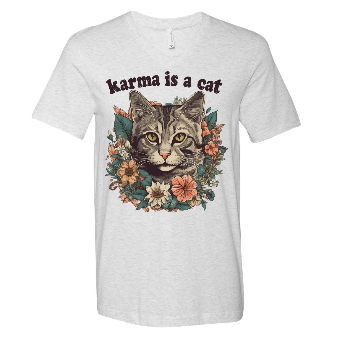 Karma Is A Cat Retro Floral V-Neck T-Shirt