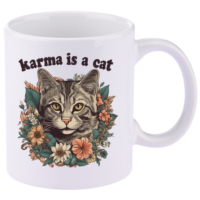 Karma Is A Cat Retro Floral 11oz C Handle Ceramic Mug