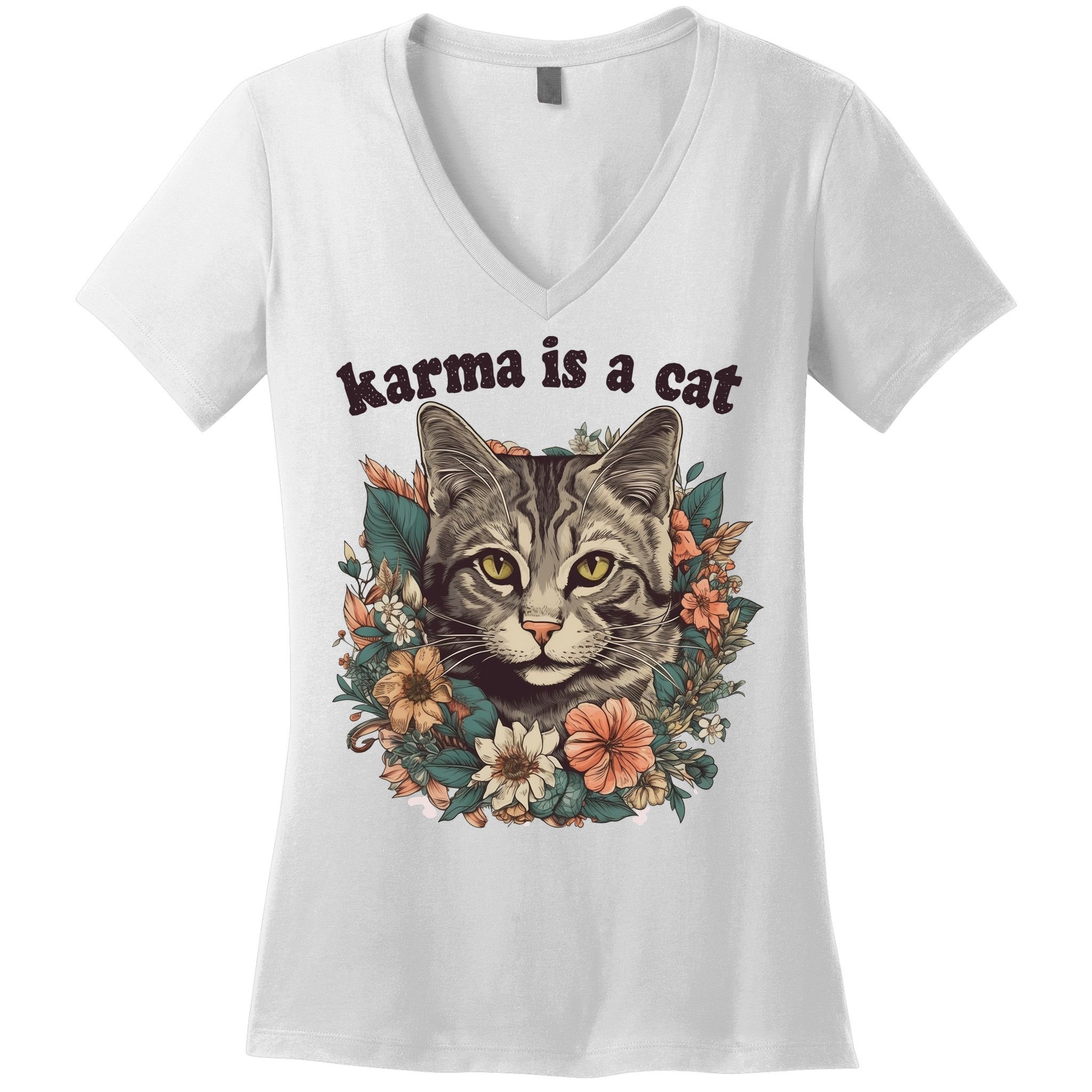 Karma Is A Cat Retro Floral Women's V-Neck T-Shirt