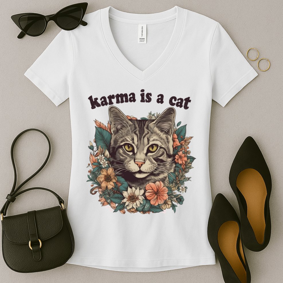 Karma Is A Cat Retro Floral Women's V-Neck T-Shirt