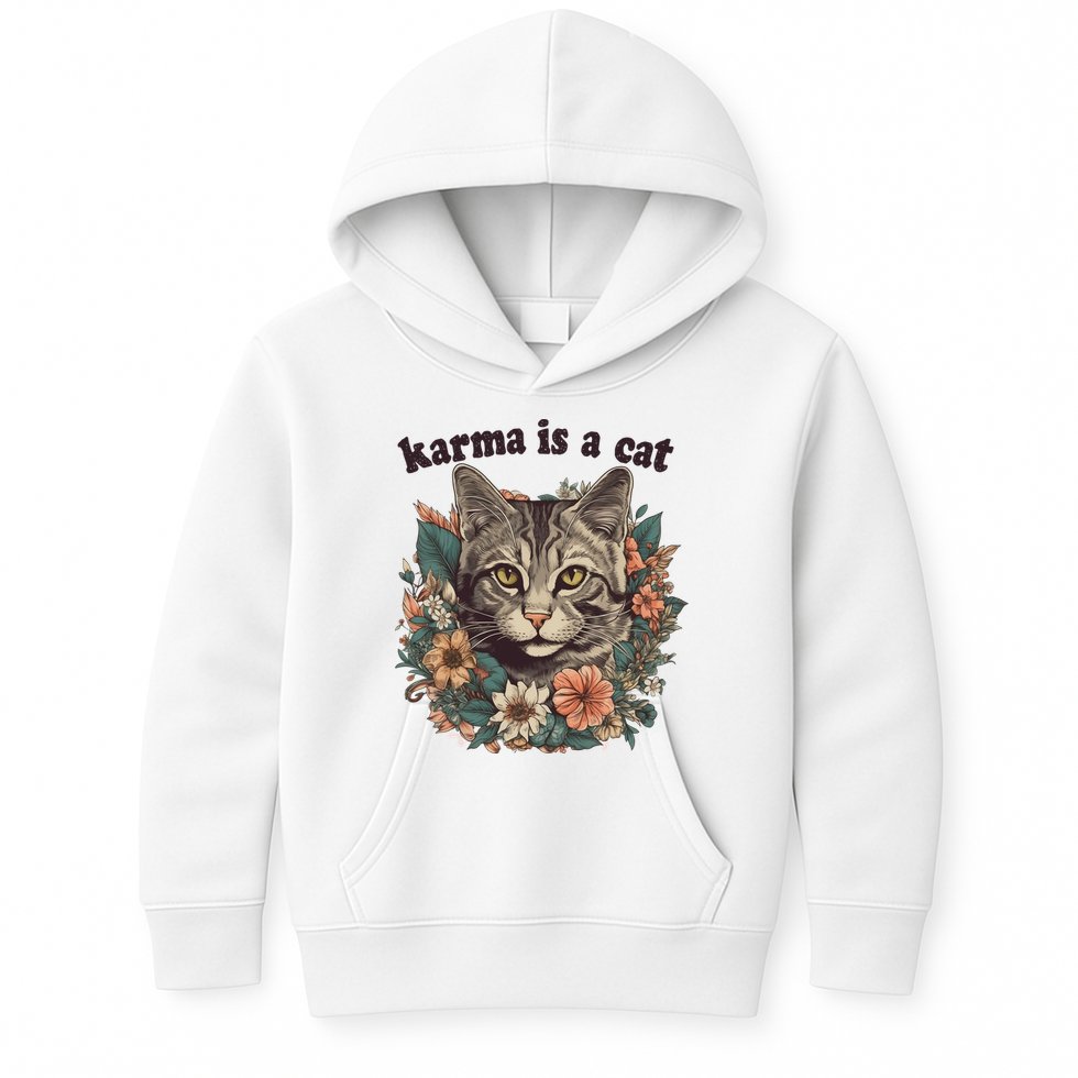 Karma Is A Cat Retro Floral Kids Hoodie