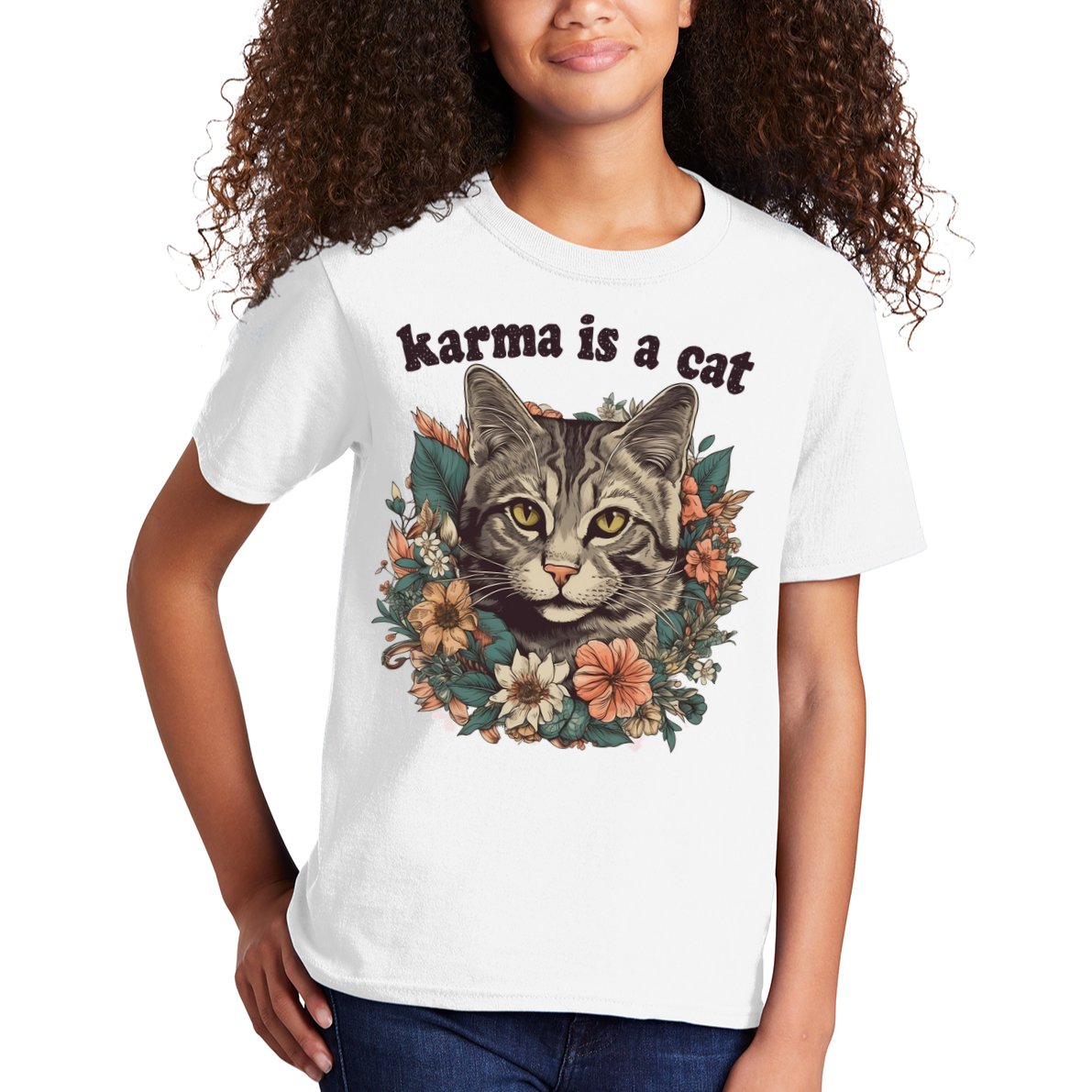 Karma Is A Cat Retro Floral Kids T-Shirt