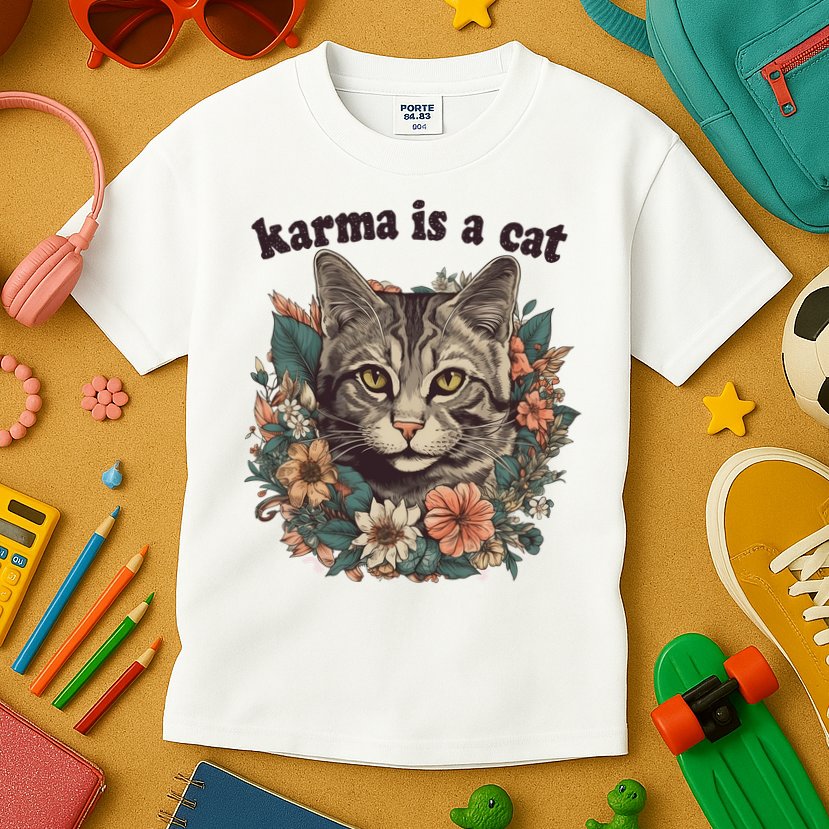 Karma Is A Cat Retro Floral Kids T-Shirt