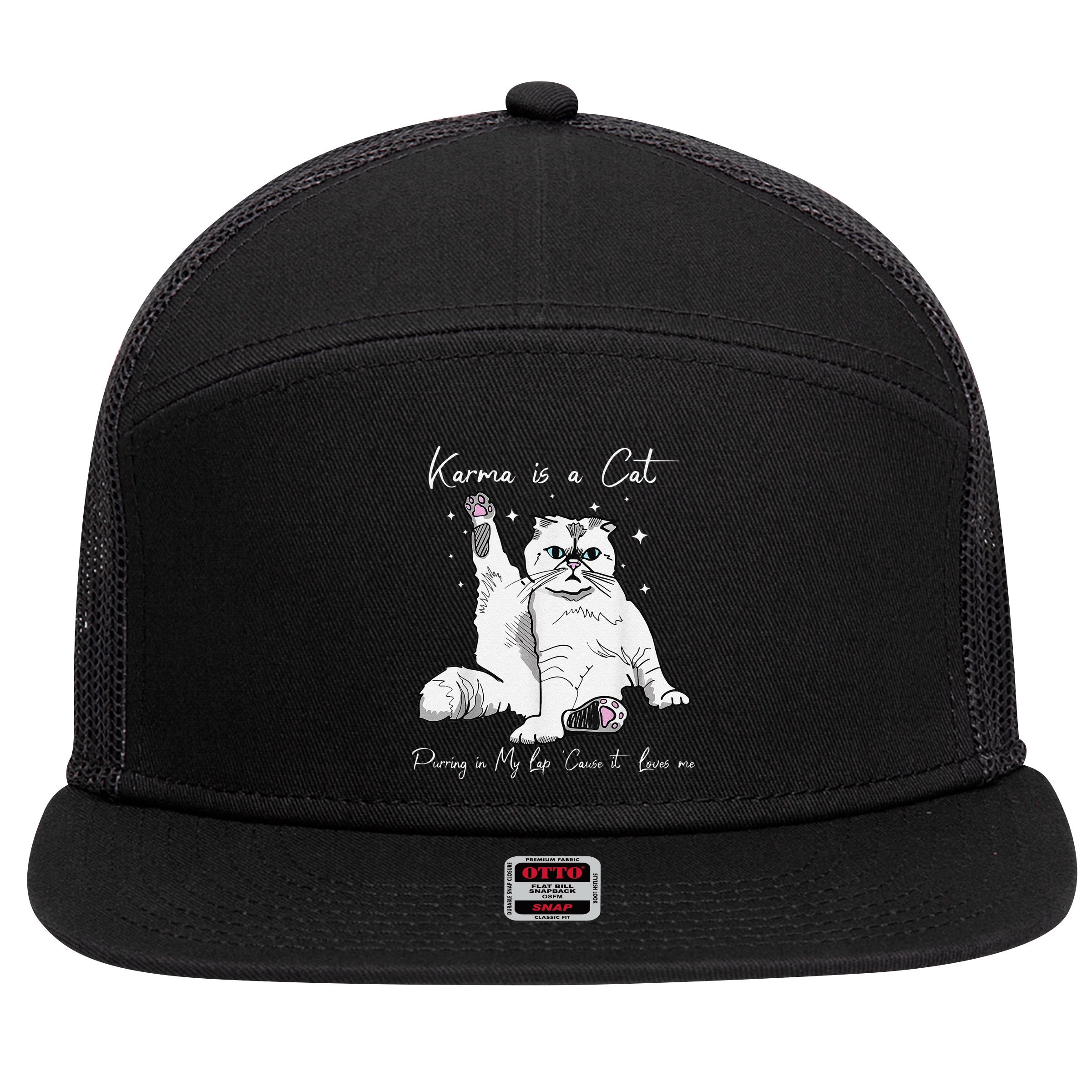 Karma Is A Cat Purring In My Lap Cause It Loves Me Cat Lover 7 Panel Mesh Trucker Snapback Hat