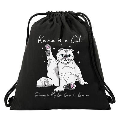 Karma Is A Cat Purring In My Lap Cause It Loves Me Cat Lover Drawstring Bag