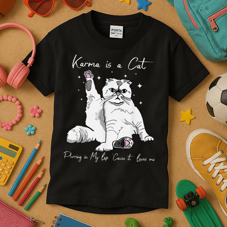 Karma Is A Cat Purring In My Lap Cause It Loves Me Cat Lover Kids T-Shirt