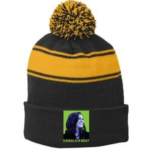 Kamala Is Brat Funny Sarcastic Stripe Pom Pom Beanie