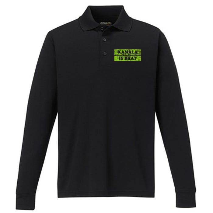 Kamala Is Brat Funny Usa Humor Meme Green Text Performance Long Sleeve Polo