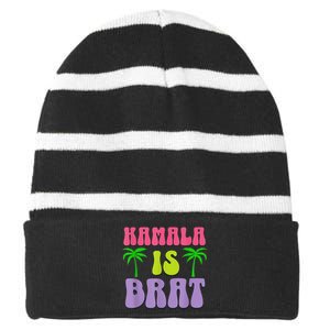 Kamala Is Brat Funny Sarcastic Coconut Tree Campaign Striped Beanie with Solid Band