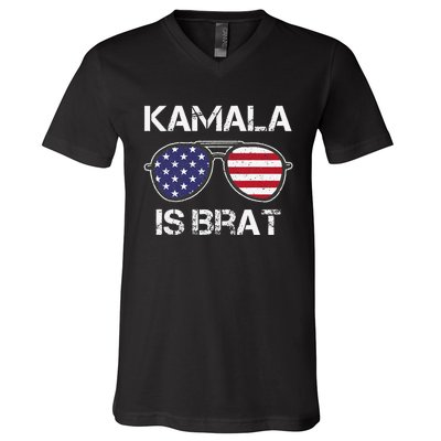 Kamala Is Brat Sunglasses Us Flag Vintage Funny Sarcastic V-Neck T-Shirt