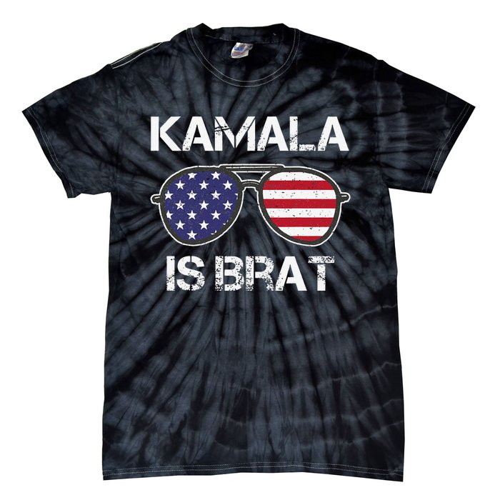 Kamala Is Brat Sunglasses Us Flag Vintage Funny Sarcastic Tie-Dye T-Shirt