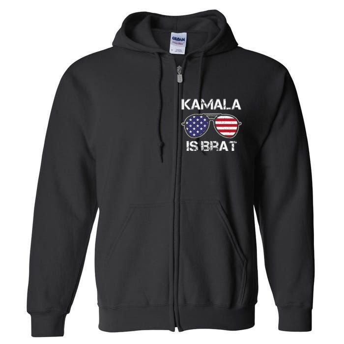 Kamala Is Brat Sunglasses Us Flag Vintage Funny Sarcastic Full Zip Hoodie