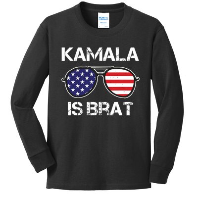 Kamala Is Brat Sunglasses Us Flag Vintage Funny Sarcastic Kids Long Sleeve Shirt