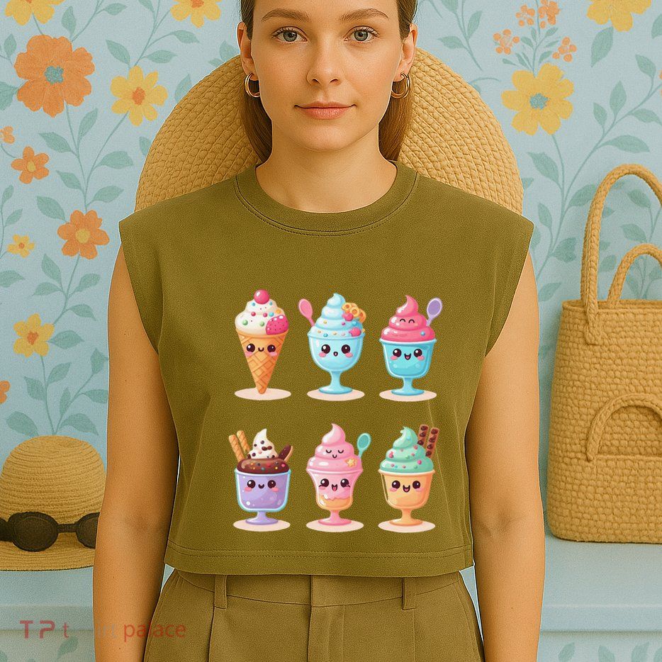 Kawaii Ice Cream Frozen Yogurt Lover Anime Garment-Dyed Women's Muscle Tee