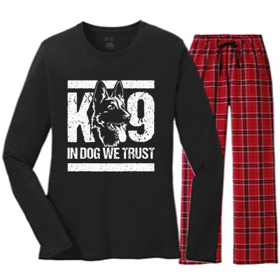 K9 In Dogs We Trust Blue Line K9 Dog Unit Police Officer Women's Long Sleeve Flannel Pajama Set 