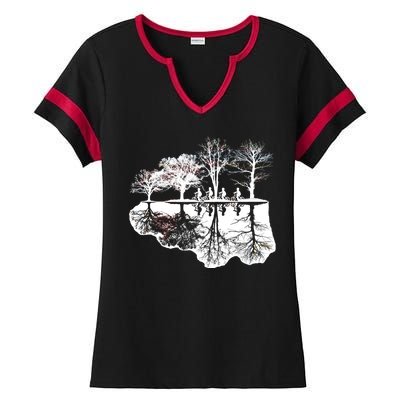 Kids Riding Bikes Through Trees Upside Down Ladies Halftime Notch Neck Tee