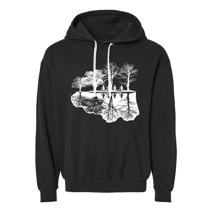 Kids Riding Bikes Through Trees Upside Down Garment-Dyed Fleece Hoodie
