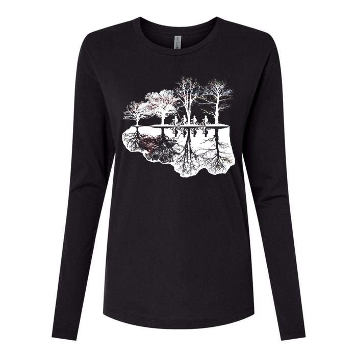 Kids Riding Bikes Through Trees Upside Down Womens Cotton Relaxed Long Sleeve T-Shirt