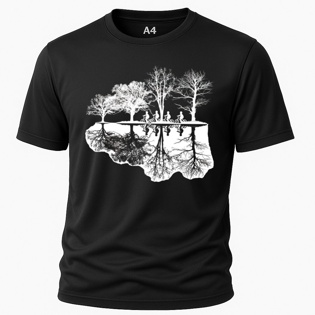 Kids Riding Bikes Through Trees Upside Down Performance Shirt