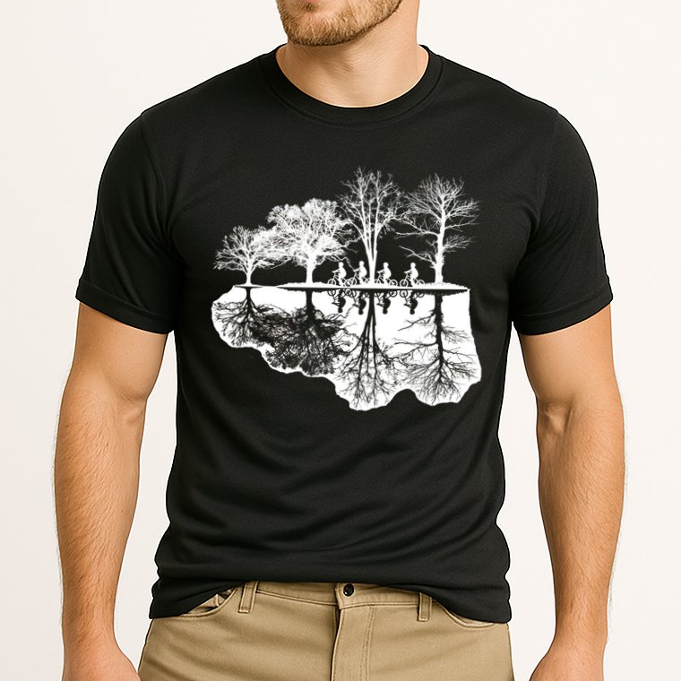 Kids Riding Bikes Through Trees Upside Down Performance Shirt