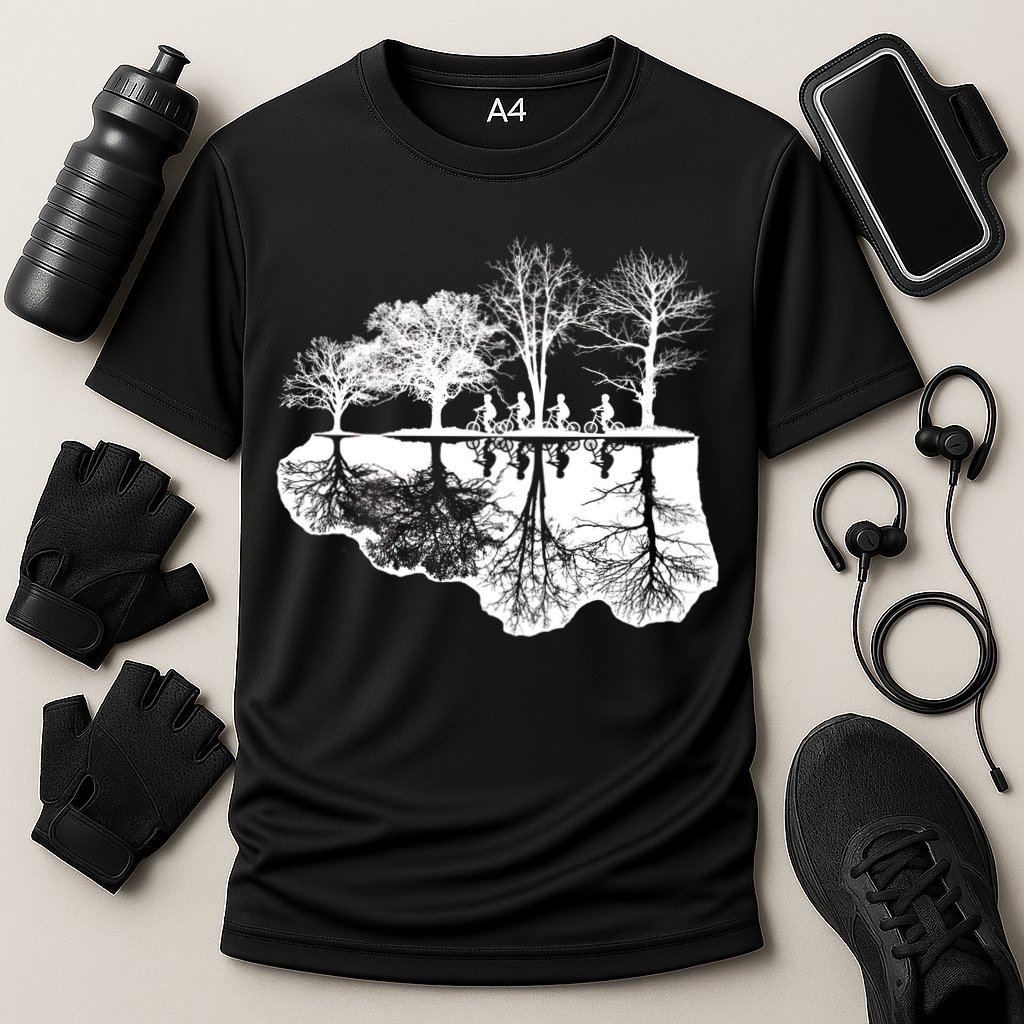 Kids Riding Bikes Through Trees Upside Down Performance Shirt