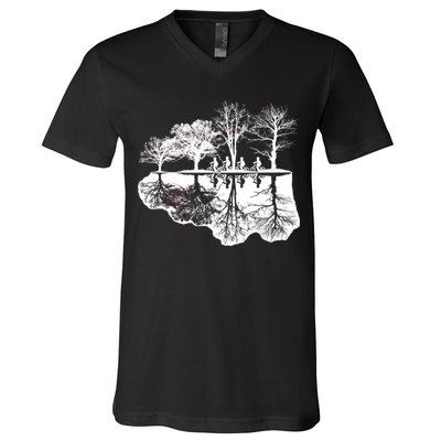 Kids Riding Bikes Through Trees Upside Down V-Neck T-Shirt