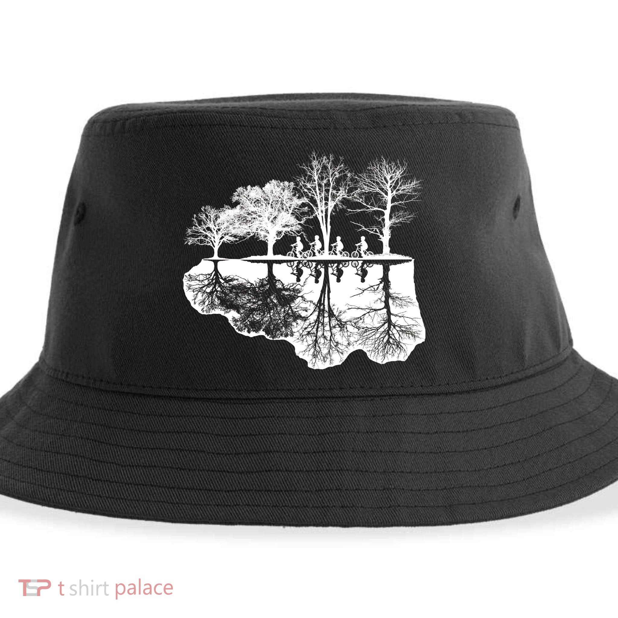 Kids Riding Bikes Through Trees Upside Down Sustainable Bucket Hat