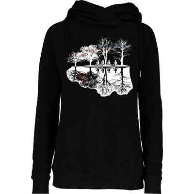 Kids Riding Bikes Through Trees Upside Down Womens Funnel Neck Pullover Hood