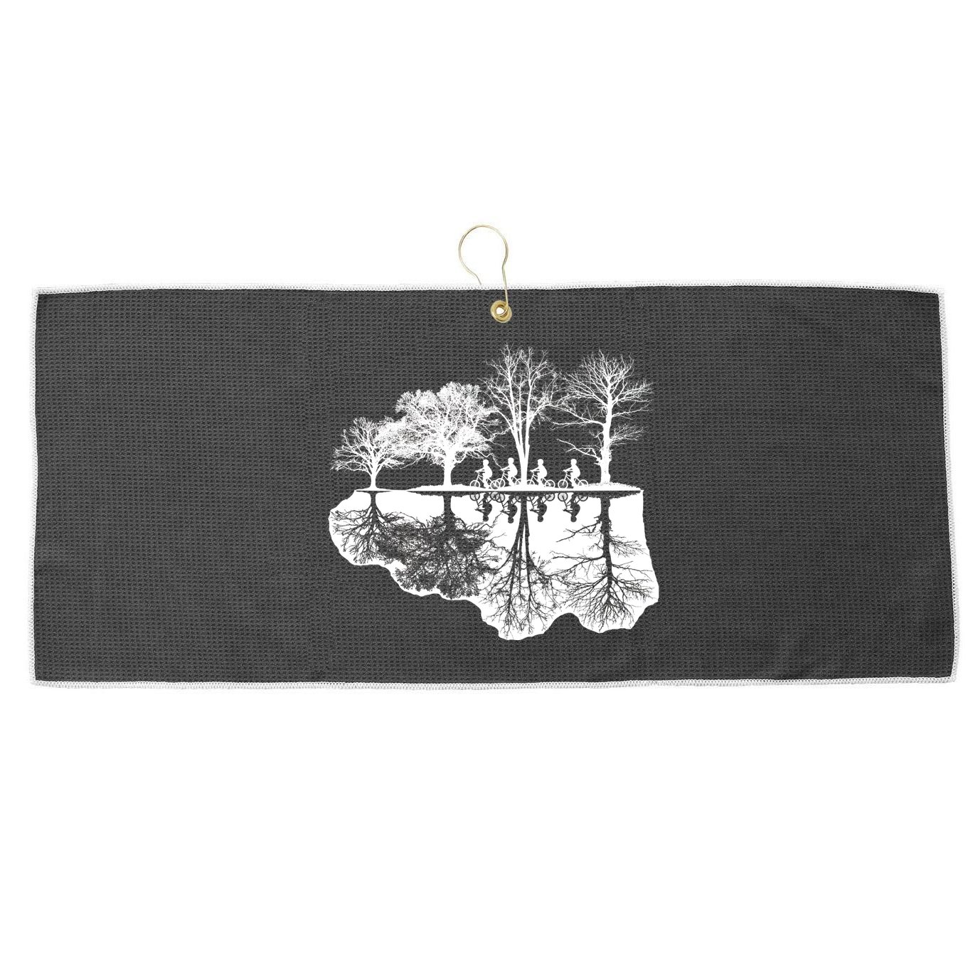 Kids Riding Bikes Through Trees Upside Down Large Microfiber Waffle Golf Towel