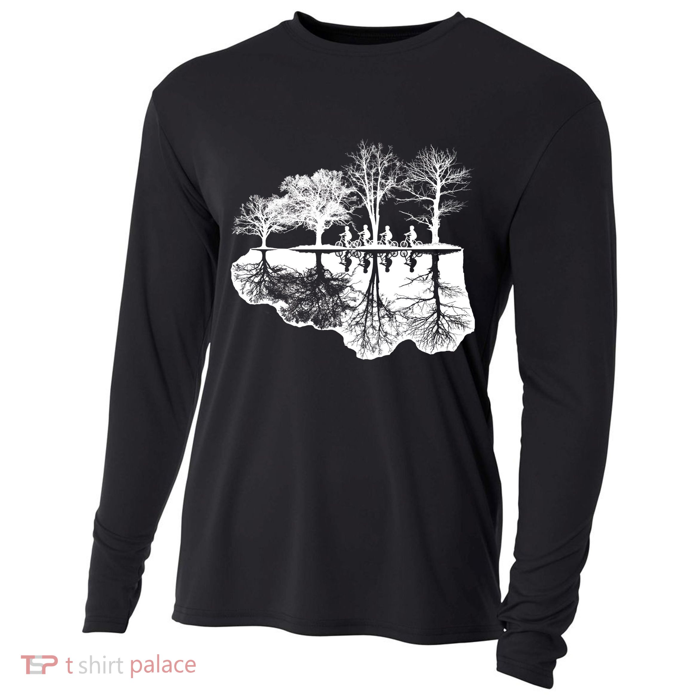 Kids Riding Bikes Through Trees Upside Down Cooling Performance Long Sleeve Crew