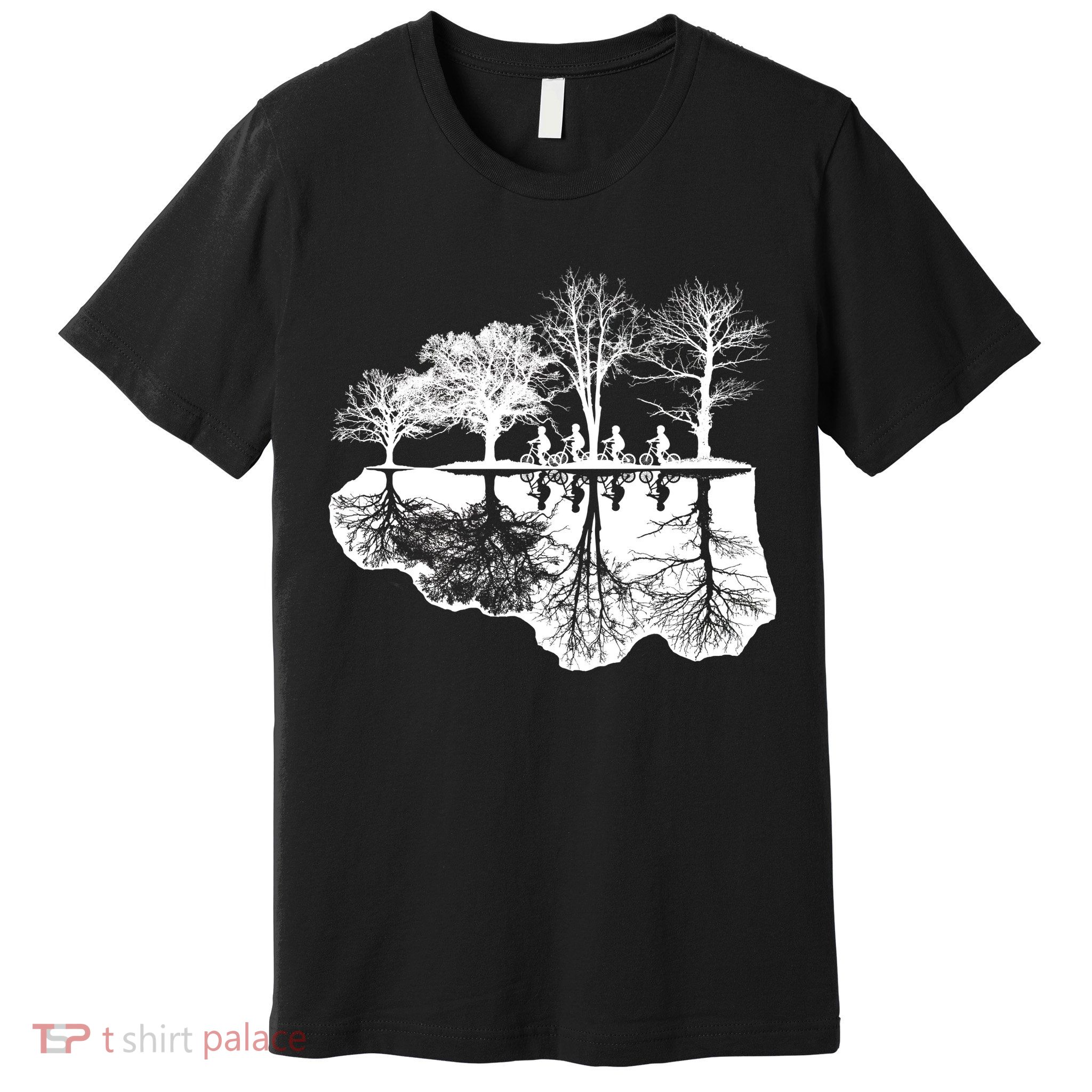 Kids Riding Bikes Through Trees Upside Down Premium T-Shirt