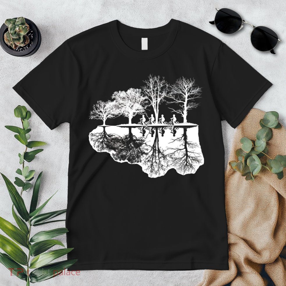 Kids Riding Bikes Through Trees Upside Down Premium T-Shirt