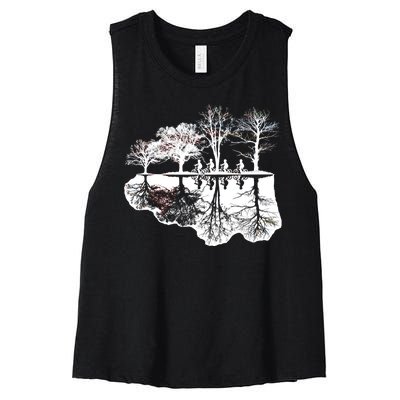 Kids Riding Bikes Through Trees Upside Down Women's Racerback Cropped Tank