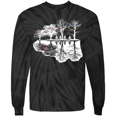 Kids Riding Bikes Through Trees Upside Down Tie-Dye Long Sleeve Shirt