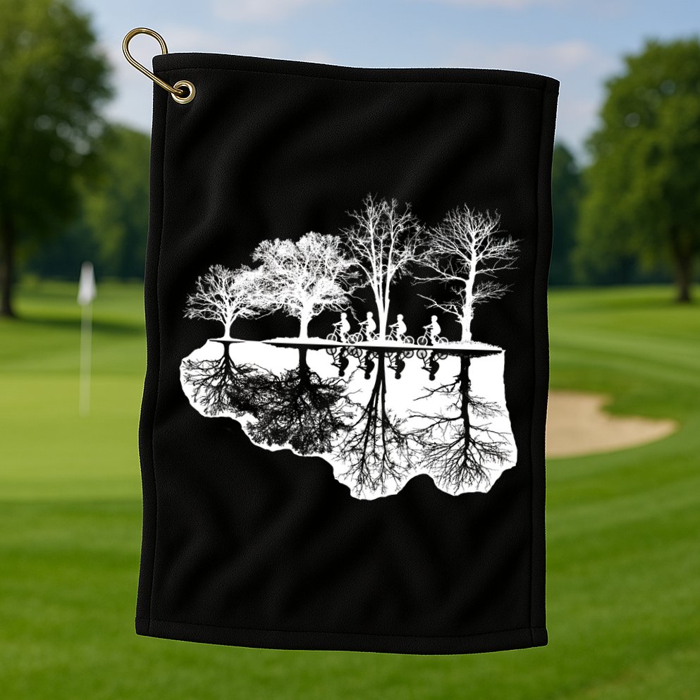 Kids Riding Bikes Through Trees Upside Down Golf Towel