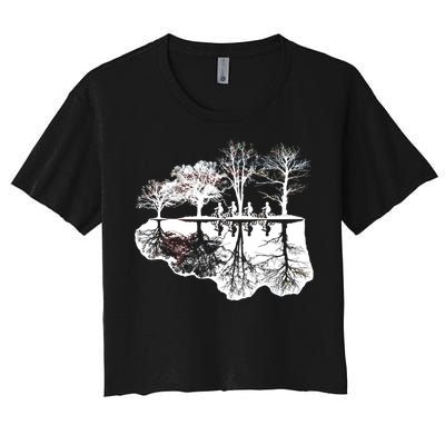 Kids Riding Bikes Through Trees Upside Down Women's Crop Top Tee