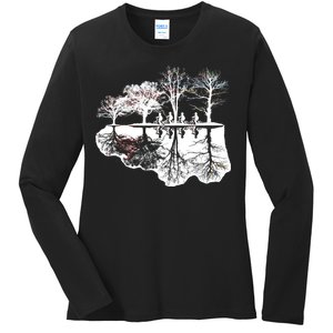 Kids Riding Bikes Through Trees Upside Down Ladies Long Sleeve Shirt