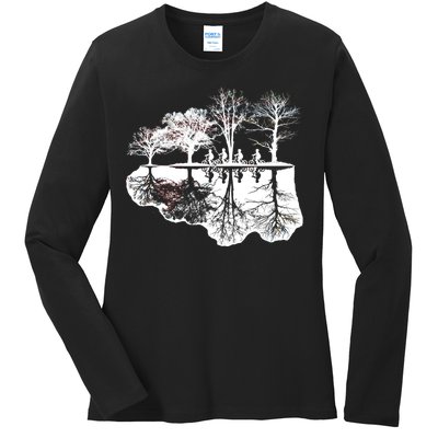 Kids Riding Bikes Through Trees Upside Down Ladies Long Sleeve Shirt