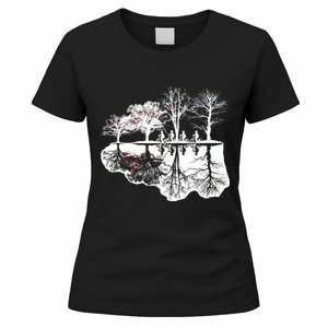 Kids Riding Bikes Through Trees Upside Down Women's T-Shirt