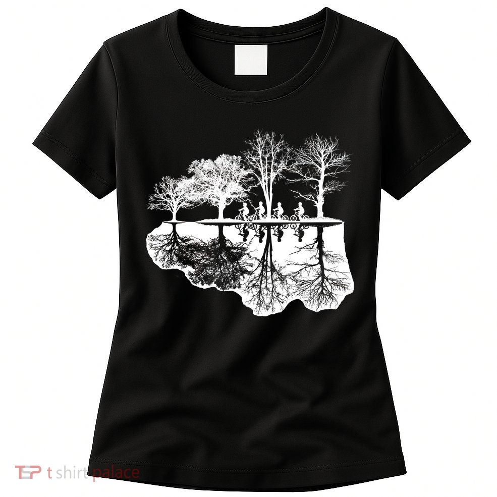 Kids Riding Bikes Through Trees Upside Down Womens T-Shirt