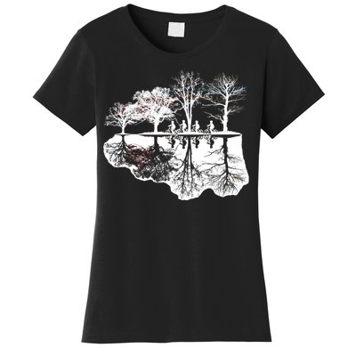 Kids Riding Bikes Through Trees Upside Down Women's T-Shirt