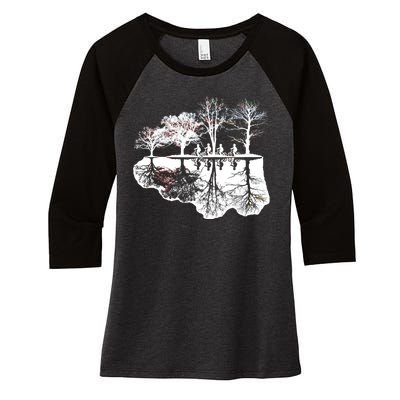 Kids Riding Bikes Through Trees Upside Down Women's Tri-Blend 3/4-Sleeve Raglan Shirt