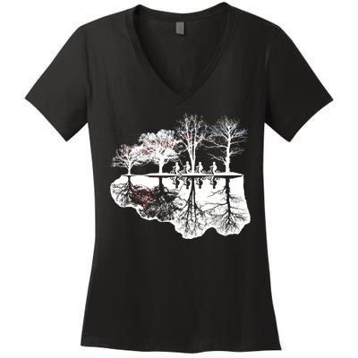 Kids Riding Bikes Through Trees Upside Down Women's V-Neck T-Shirt