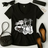 Kids Riding Bikes Through Trees Upside Down Women's V-Neck T-Shirt