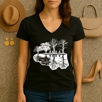 Kids Riding Bikes Through Trees Upside Down Women's V-Neck T-Shirt