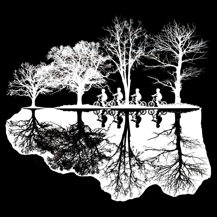 Kids Riding Bikes Through Trees Upside Down Women's V-Neck T-Shirt